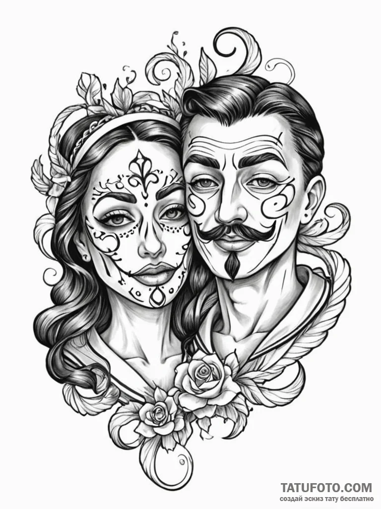 Tattoo sketch, dual personality mask, a singl... - эскиз тату (№1752498344_0, 14.07.2025 13:05) — Tatufoto.com