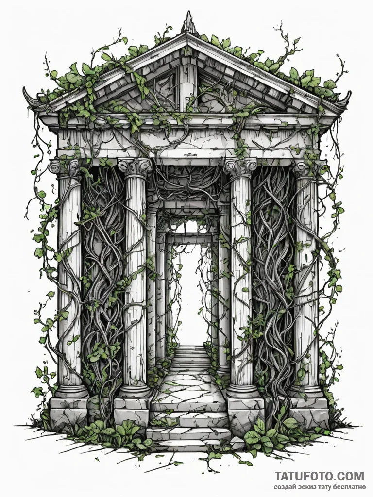 Tattoo sketch, reclaimed data temple, an anci... - эскиз тату (№1752498602_0, 14.07.2025 13:10) — Tatufoto.com