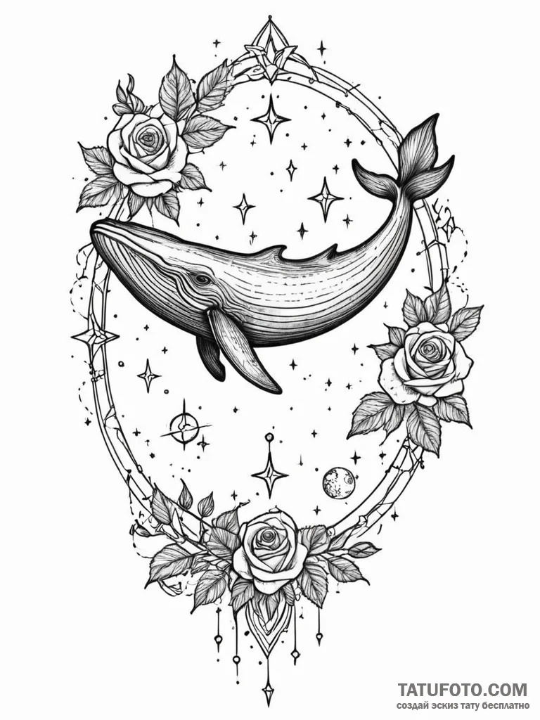 Tattoo sketch, blue whale swimming through a... - эскиз тату (№1752499112_0, 14.07.2025 13:18) — Tatufoto.com