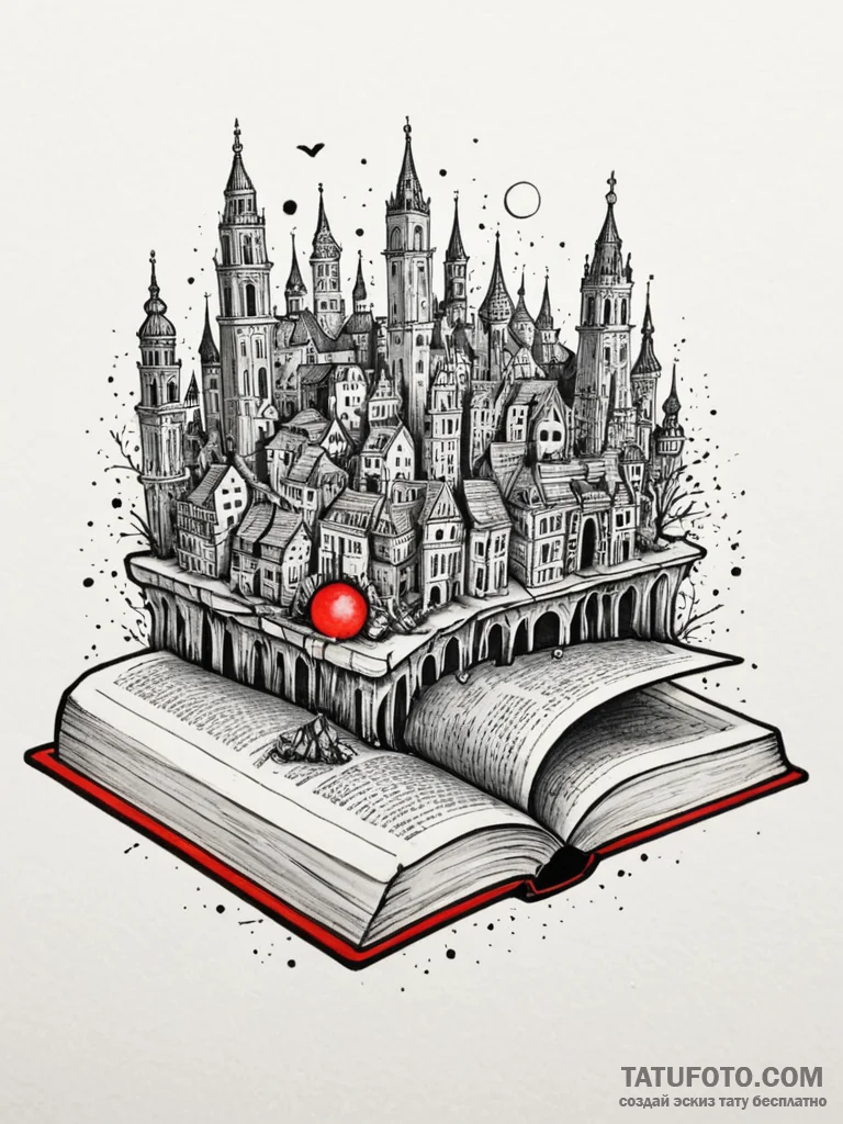 Tattoo sketch, hidden city in a book, an open... - эскиз тату (№1752499964_0, 14.07.2025 13:32) — Tatufoto.com