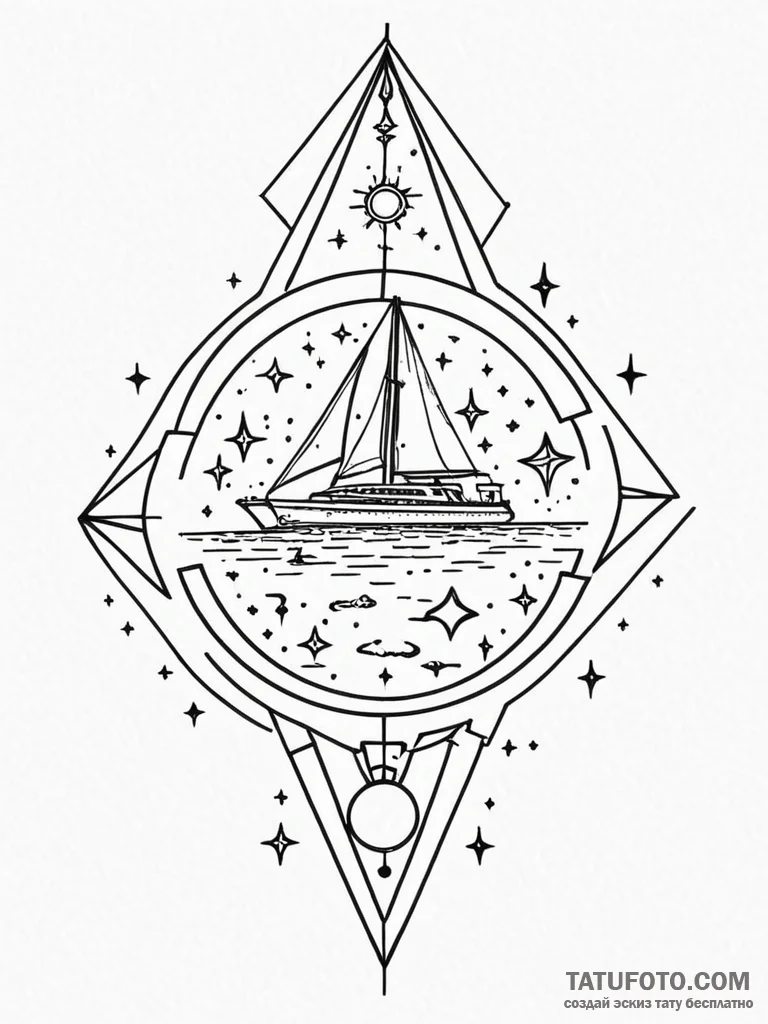 Tattoo sketch, yacht deck, holographic stars,... - эскиз тату (№1752500344_0, 14.07.2025 13:39) — Tatufoto.com