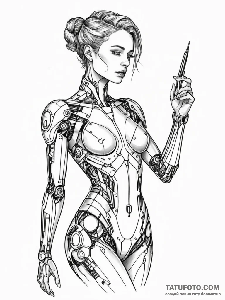 Tattoo sketch, muse of the machine, a serene,... - эскиз тату (№1752500513_0, 14.07.2025 13:41) — Tatufoto.com