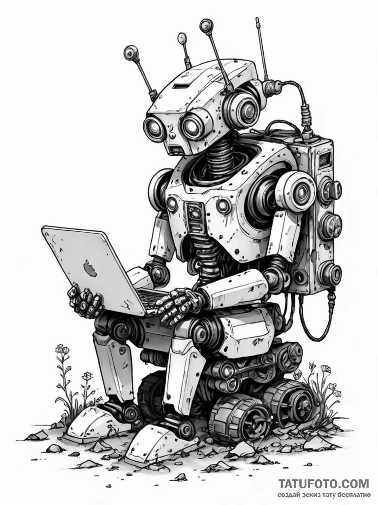 Tattoo sketch, scavenger bot’s sanctuary, a c… — эскиз тату (№1752500598_0, 14.07.2025 13:43) — Tatufoto.com