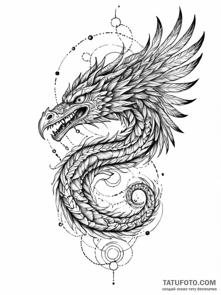 Tattoo sketch, quetzalcoatl, feathered data s... - эскиз тату (№1752501279_0, 14.07.2025 13:54) — Tatufoto.com