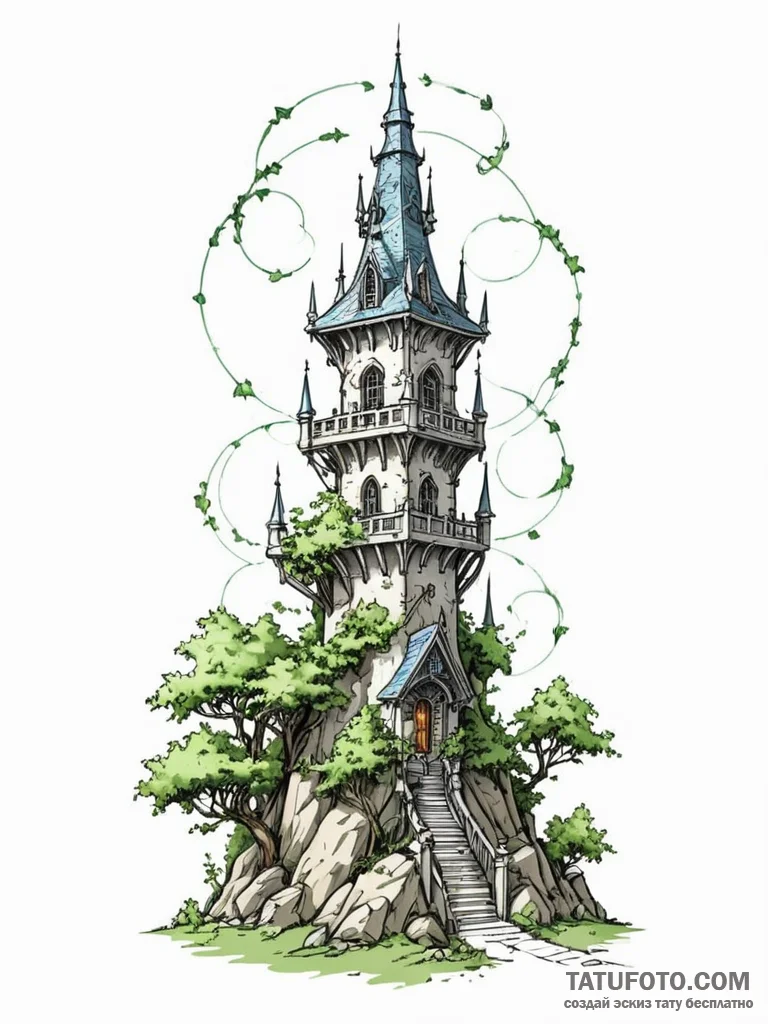 Tattoo sketch, wizard’s tower, networked spir… — эскиз тату (№1752501536_0, 14.07.2025 13:58) — Tatufoto.com