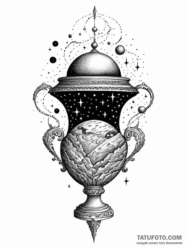 Tattoo sketch, quantum universe in a urn, an... - эскиз тату (№1752501878_0, 14.07.2025 14:04) — Tatufoto.com