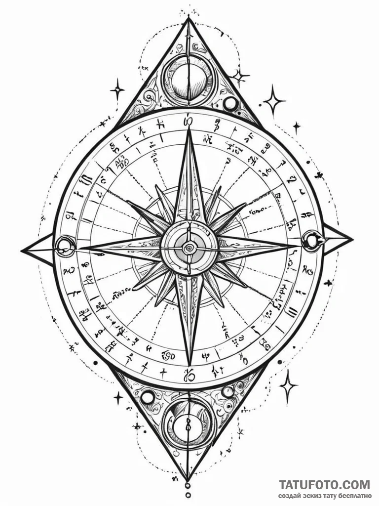 Tattoo sketch, sundial, cosmic shadows, a tra... - эскиз тату (№1752502048_0, 14.07.2025 14:07) — Tatufoto.com
