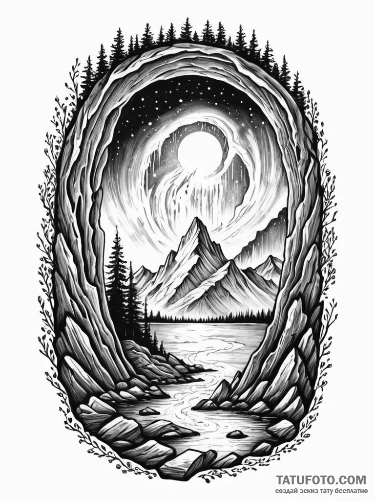 Tattoo sketch, mystical gateway, northern lig... - эскиз тату (№1752502304_0, 14.07.2025 14:11) — Tatufoto.com