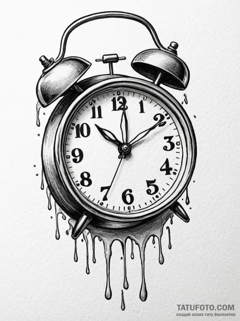 Tattoo sketch, an alarm clock melting, with n... - эскиз тату (№1752502815_0, 14.07.2025 14:20) — Tatufoto.com