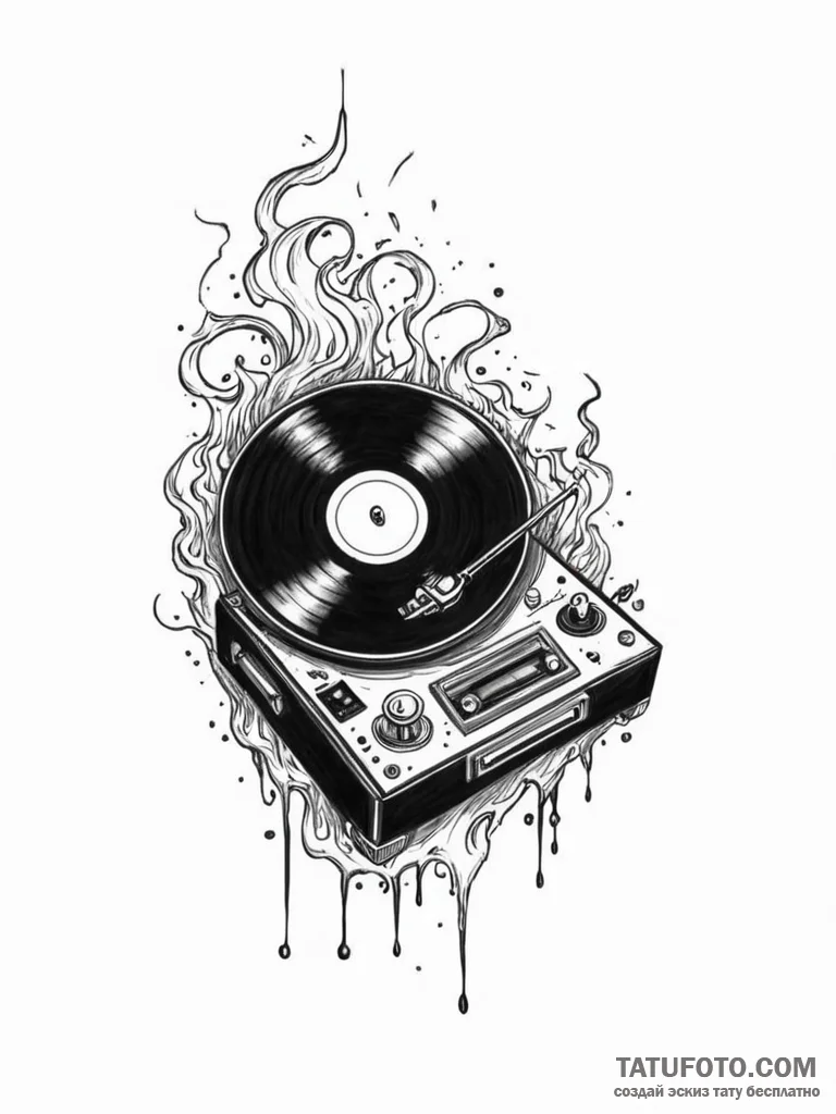 Tattoo sketch, broken record player emitting... - эскиз тату (№1752504520_0, 14.07.2025 14:48) — Tatufoto.com