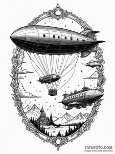 Tattoo sketch, zeppelin fleet, aurora-lit ski... - эскиз тату (№1752504691_0, 14.07.2025 14:51) — Tatufoto.com
