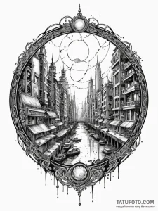 Tattoo sketch, vignette of vanishing city, a... - эскиз тату (№1752504777_0, 14.07.2025 14:52) — Tatufoto.com