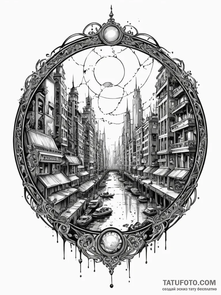 Tattoo sketch, vignette of vanishing city, a... - эскиз тату (№1752504777_0, 14.07.2025 14:52) — Tatufoto.com