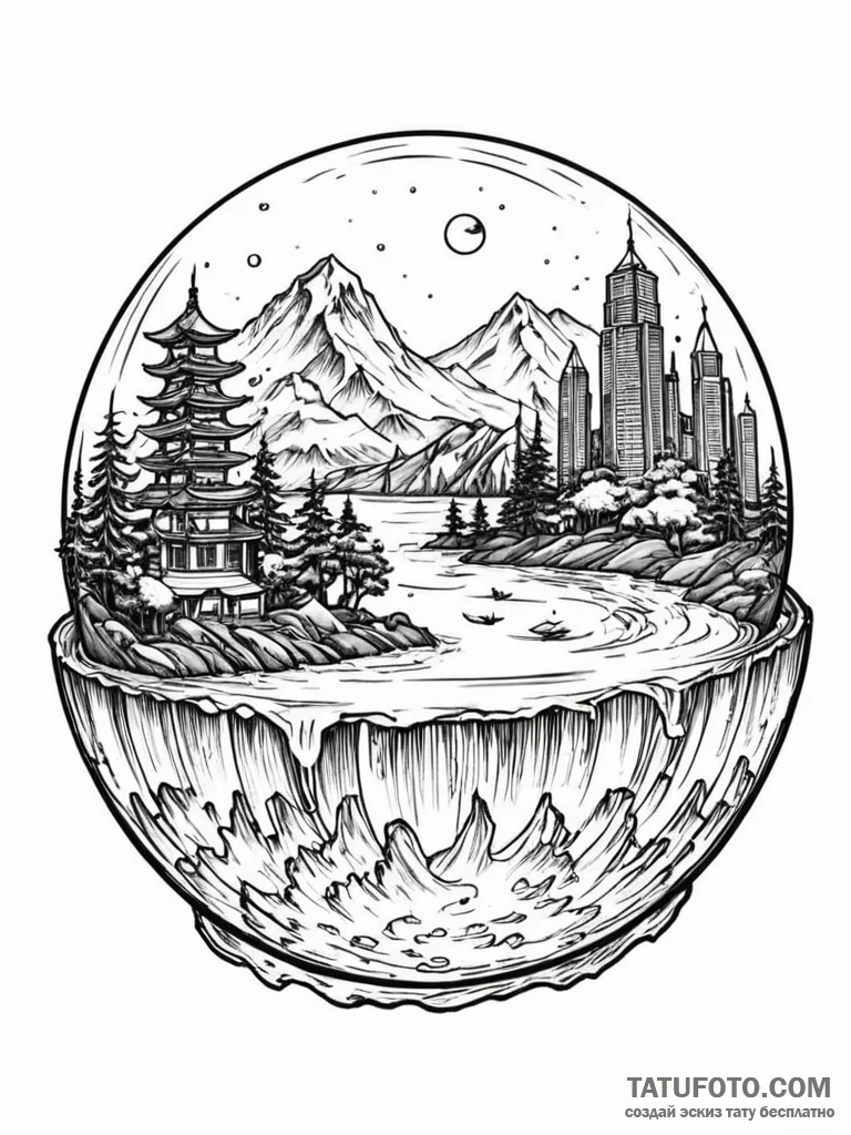 Tattoo sketch, cityscape in a crystal ball: a… — эскиз тату (№1752505206_0, 14.07.2025 15:00) — Tatufoto.com