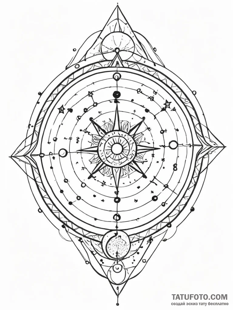 Tattoo sketch, night sky cartographer's quill... - эскиз тату (№1752505629_0, 14.07.2025 15:07) — Tatufoto.com