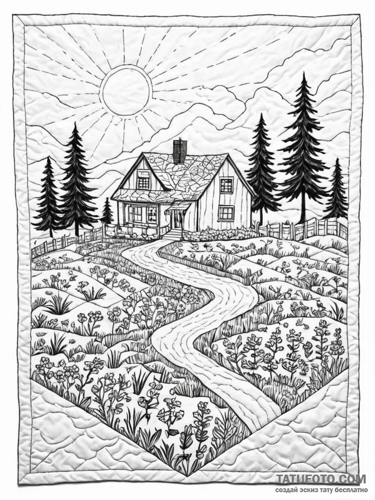 Tattoo sketch, quilted memory landscape, a ro... - эскиз тату (№1752505808_0, 14.07.2025 15:10) — Tatufoto.com