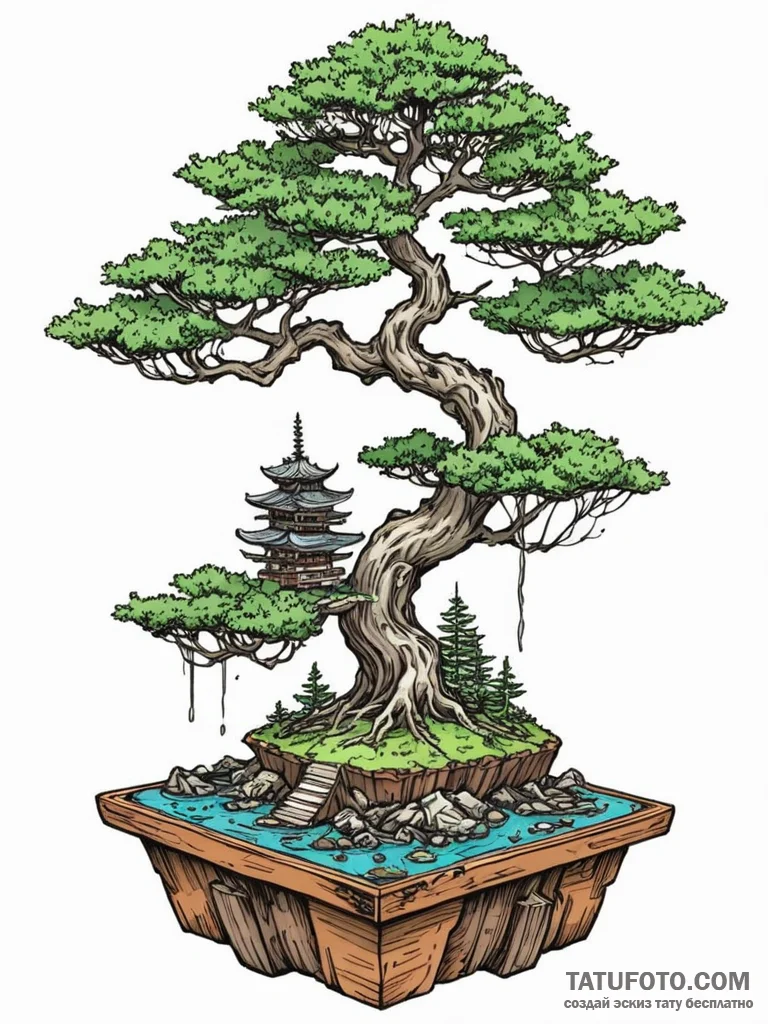 Tattoo sketch, bonsai tree growing on a tiny,... - эскиз тату (№1752506147_0, 14.07.2025 15:15) — Tatufoto.com