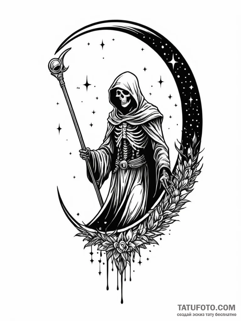 Tattoo sketch, scythe of cosmic harvest, a st... - эскиз тату (№1752506488_0, 14.07.2025 15:21) — Tatufoto.com