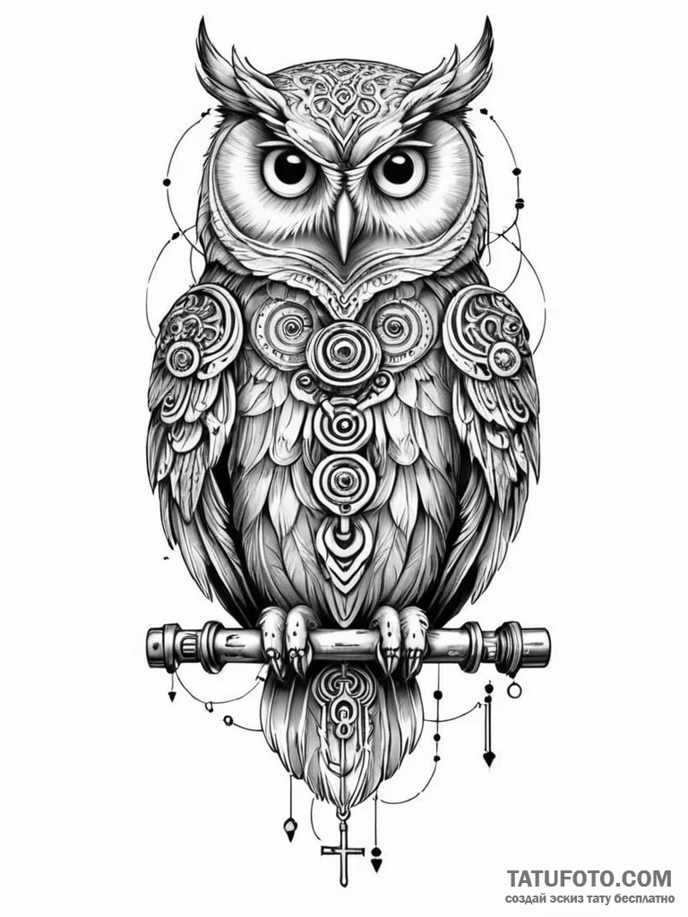 Tattoo sketch, knowledge keeper owl, biometri... - эскиз тату (№1752506658_0, 14.07.2025 15:24) — Tatufoto.com