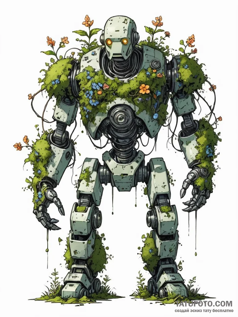 Tattoo sketch, overgrown robot golem, a massi... - эскиз тату (№1752506743_0, 14.07.2025 15:25) — Tatufoto.com
