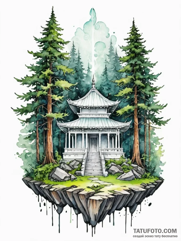 Tattoo sketch, tranquil tech temple, a serene… — эскиз тату (№1752507771_0, 14.07.2025 15:42) — Tatufoto.com