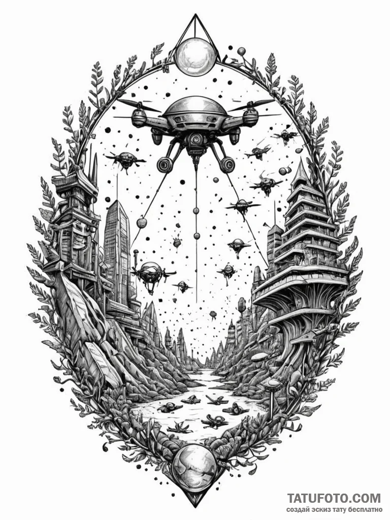Tattoo sketch, terraforming drone swarm, a dy... - эскиз тату (№1752507942_0, 14.07.2025 15:45) — Tatufoto.com