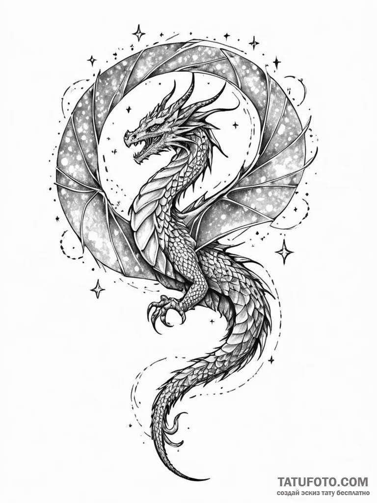 Tattoo sketch, cosmic dragon scale: a single,... - эскиз тату (№1752508881_0, 14.07.2025 16:01) — Tatufoto.com