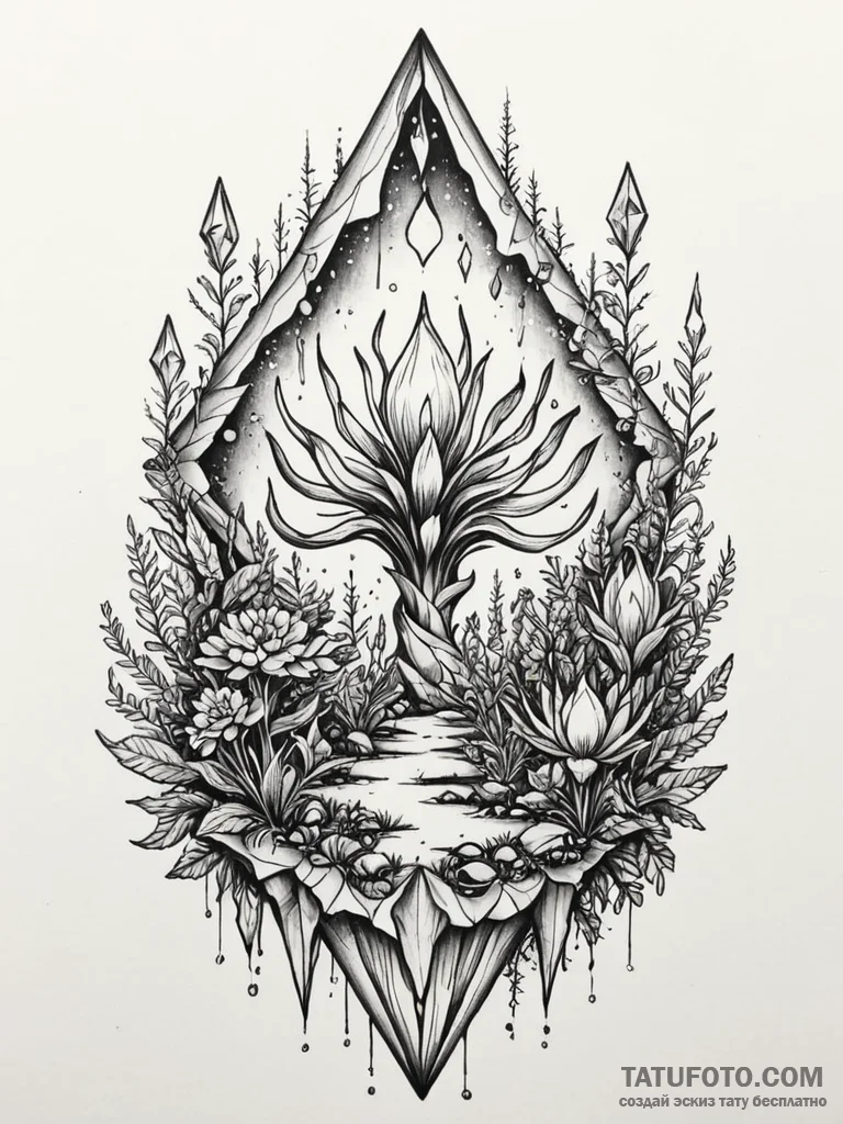 Tattoo sketch, xenobiotic crystal garden, a c... - эскиз тату (№1752509309_0, 14.07.2025 16:08) — Tatufoto.com
