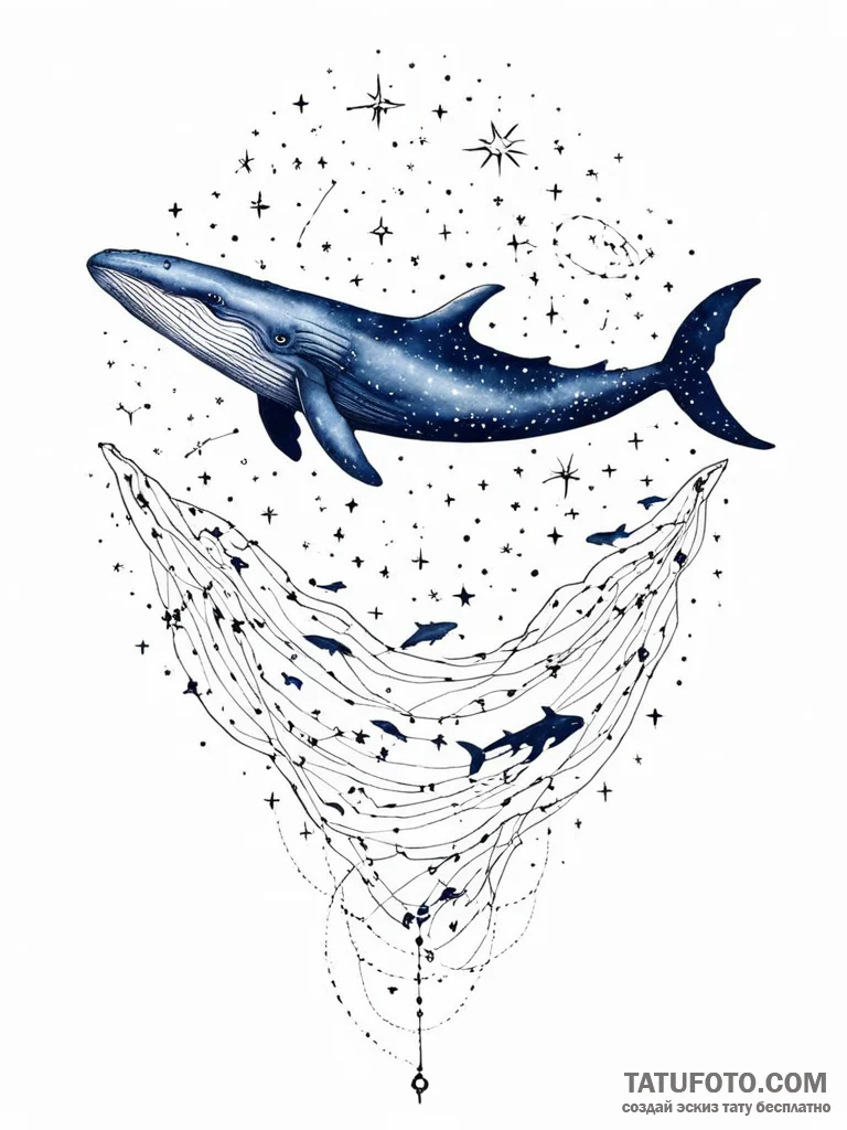 Tattoo sketch, blue whale swimming through a... - эскиз тату (№1752509821_0, 14.07.2025 16:17) — Tatufoto.com