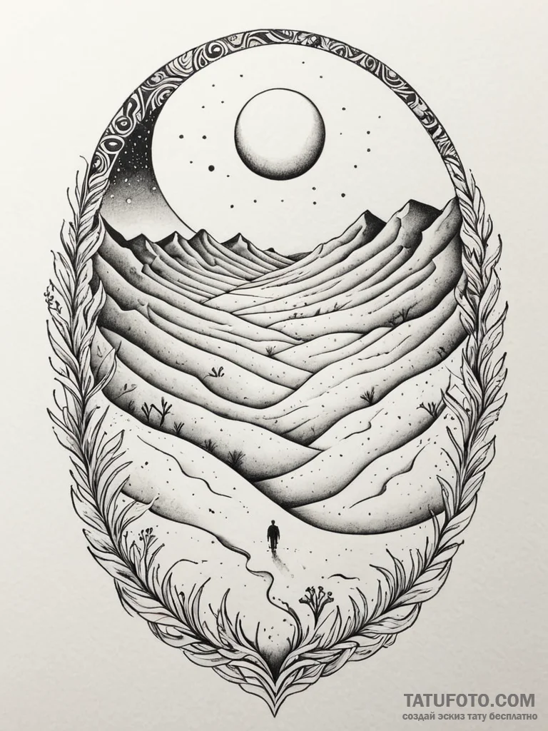 Tattoo sketch, shifting sands of sentience, a… — эскиз тату (№1752510506_0, 14.07.2025 16:28) — Tatufoto.com