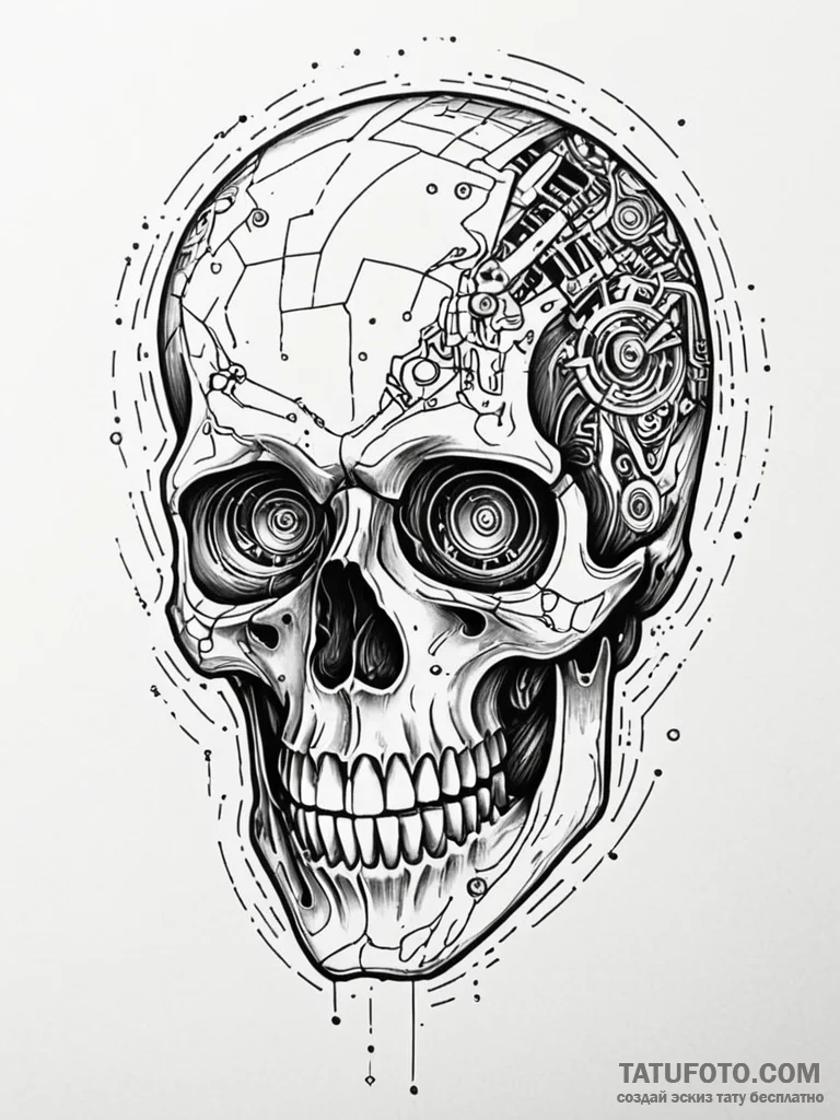 Tattoo sketch, skull of silicon dreams, a sty… — эскиз тату (№1752510592_0, 14.07.2025 16:29) — Tatufoto.com