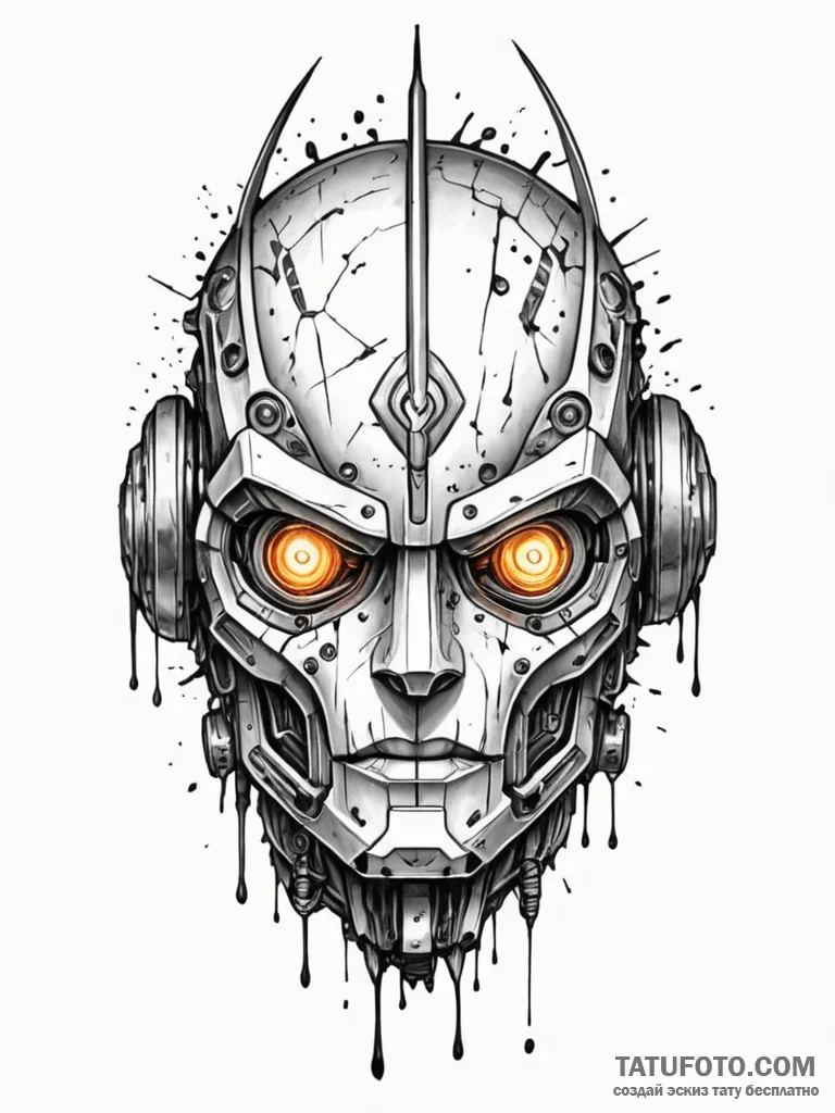 Tattoo sketch, rune-carved robot head, a deta... - эскиз тату (№1752510932_0, 14.07.2025 16:35) — Tatufoto.com
