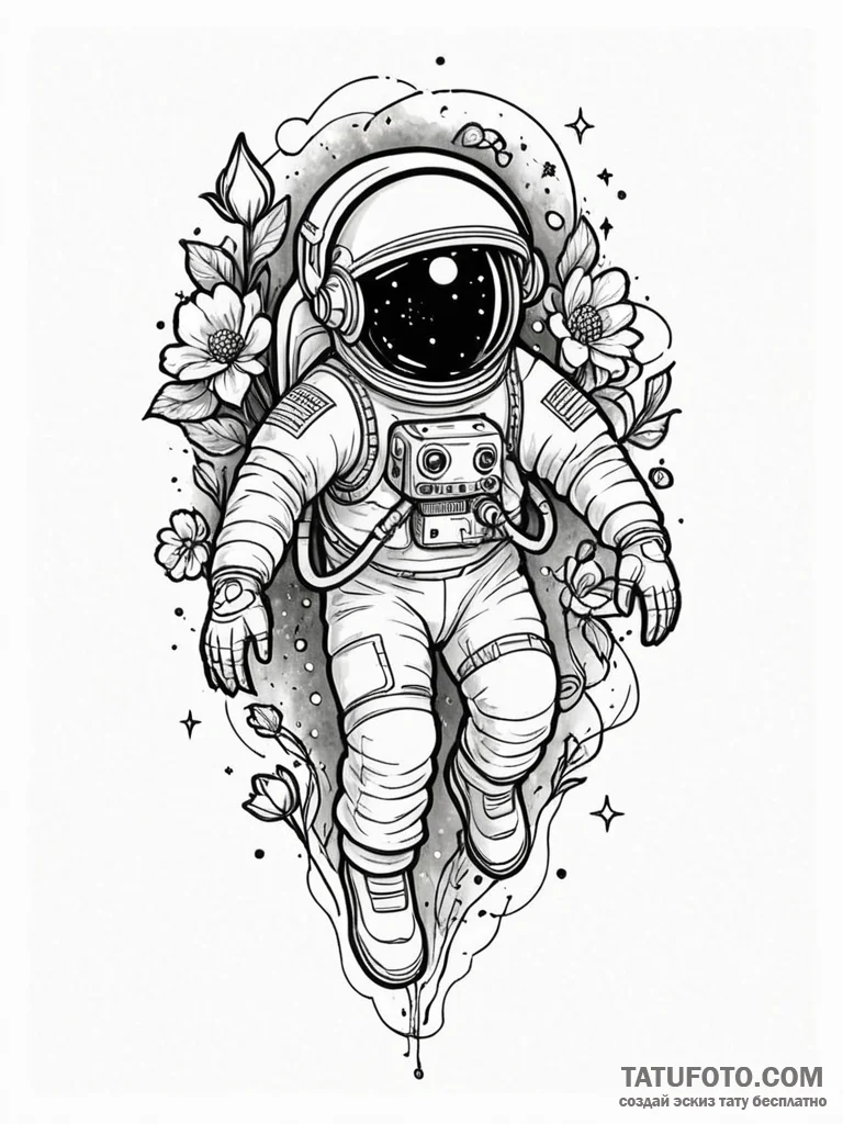 Tattoo sketch, tethered astronaut, cosmic blo… — эскиз тату (№1752511444_0, 14.07.2025 16:44) — Tatufoto.com