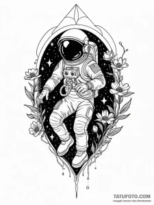 Tattoo sketch, tethered astronaut, cosmic blo... - эскиз тату (№1752511530_0, 14.07.2025 16:45) — Tatufoto.com