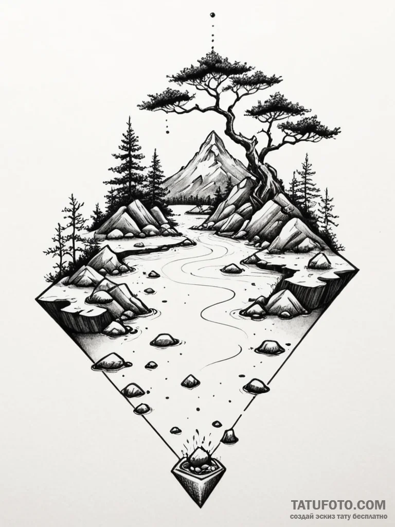 Tattoo sketch, floating zen garden, a tranqui... - эскиз тату (№1752511701_0, 14.07.2025 16:48) — Tatufoto.com