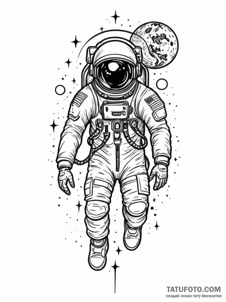 Tattoo sketch, an astronaut discovering a cos... - эскиз тату (№1752512213_0, 14.07.2025 16:56) — Tatufoto.com