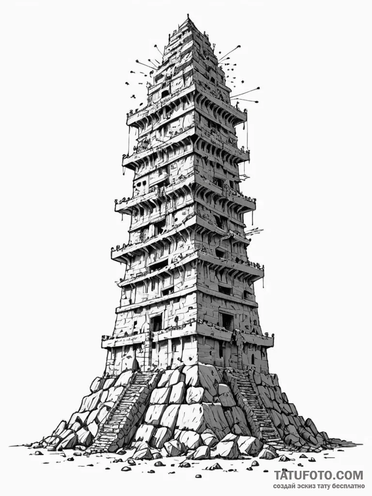 Tattoo sketch, tower of babel, digital tongue... - эскиз тату (№1752512553_0, 14.07.2025 17:02) — Tatufoto.com