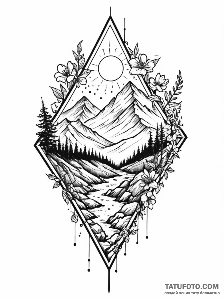 Tattoo sketch, jagged landscape, blooming cod... - эскиз тату (№1752512809_0, 14.07.2025 17:06) — Tatufoto.com
