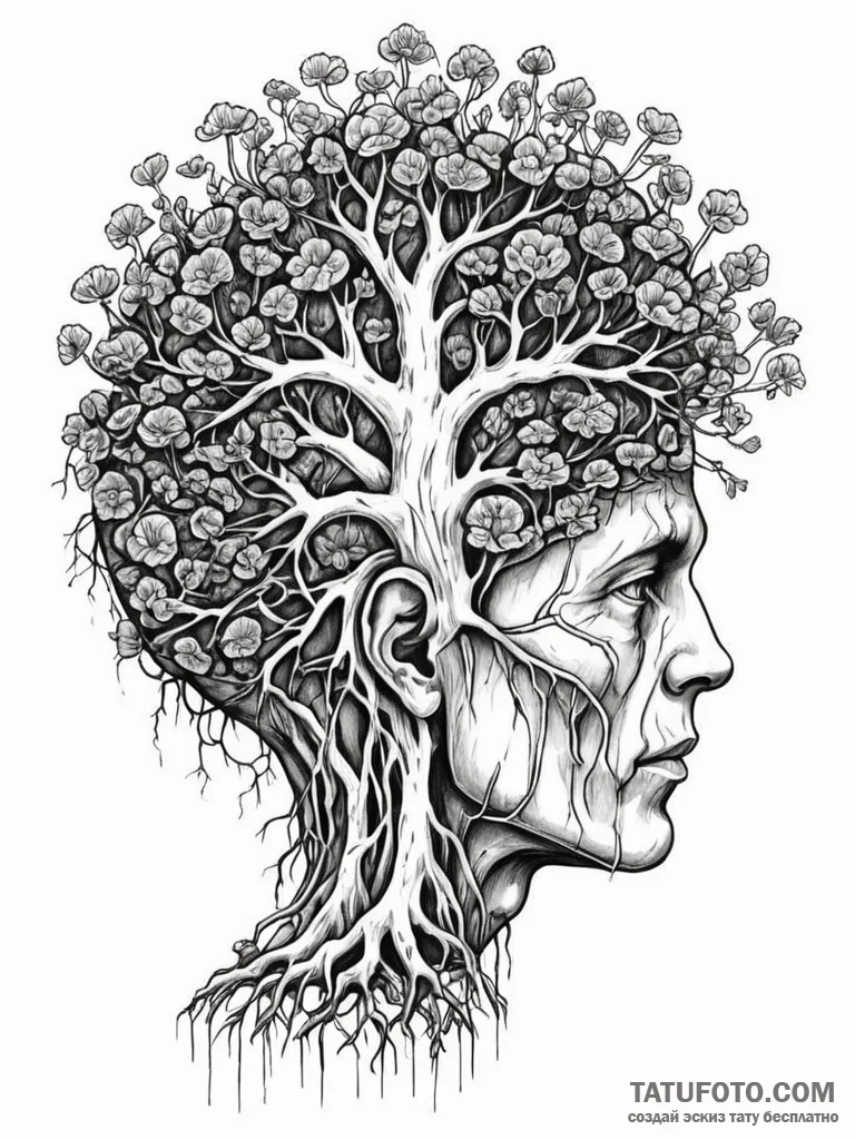 Tattoo sketch, brain with roots growing out o... - эскиз тату (№1752513152_0, 14.07.2025 17:12) — Tatufoto.com