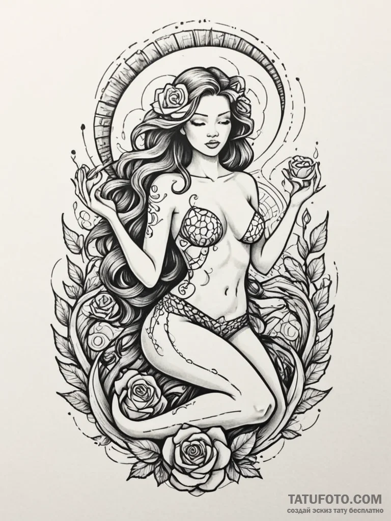 Tattoo sketch, siren's call, digital waves, a... - эскиз тату (№1752513836_0, 14.07.2025 17:23) — Tatufoto.com