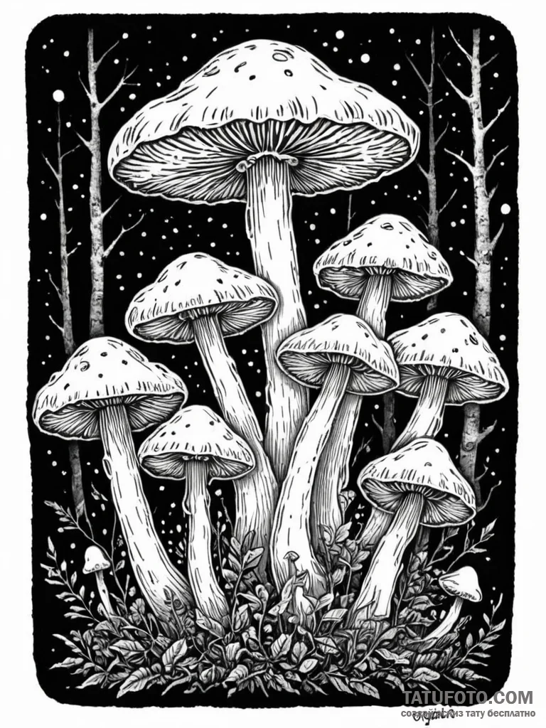 Tattoo sketch, mystical mushroom network, a c... - эскиз тату (№1752514262_0, 14.07.2025 17:31) — Tatufoto.com