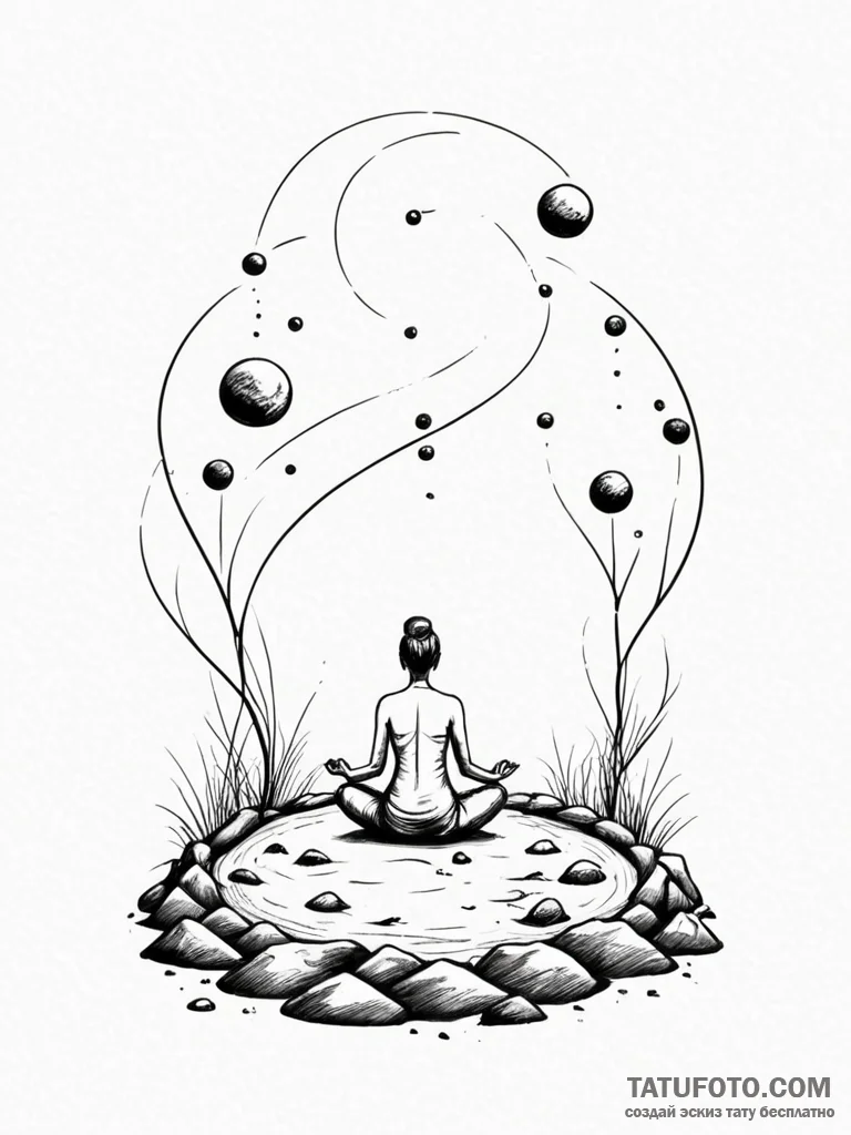 Tattoo sketch, zero-gravity zen garden, a min... - эскиз тату (№1752514472_0, 14.07.2025 17:34) — Tatufoto.com