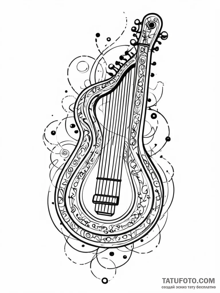 Tattoo sketch, zither, echoes of algorithms,... - эскиз тату (№1752514728_0, 14.07.2025 17:38) — Tatufoto.com