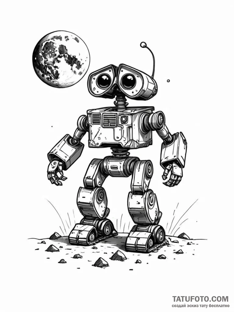 Tattoo sketch, moon-powered robot, a small, c... - эскиз тату (№1752514900_0, 14.07.2025 17:41) — Tatufoto.com