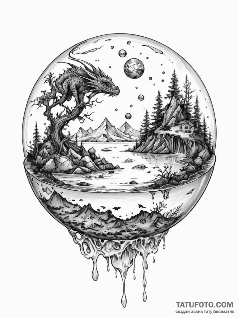 Tattoo sketch, glass orb of worlds, a perfect... - эскиз тату (№1752515157_0, 14.07.2025 17:45) — Tatufoto.com
