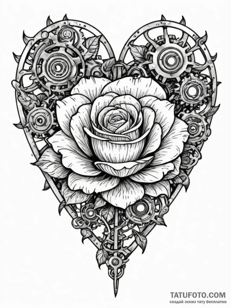 Tattoo sketch, mechanical heart, blooming lif... - эскиз тату (№1752516182_0, 14.07.2025 18:03) — Tatufoto.com