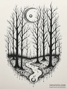 Tattoo sketch, moonlit quantum forest, a dark... - эскиз тату (№1752516440_0, 14.07.2025 18:07) — Tatufoto.com