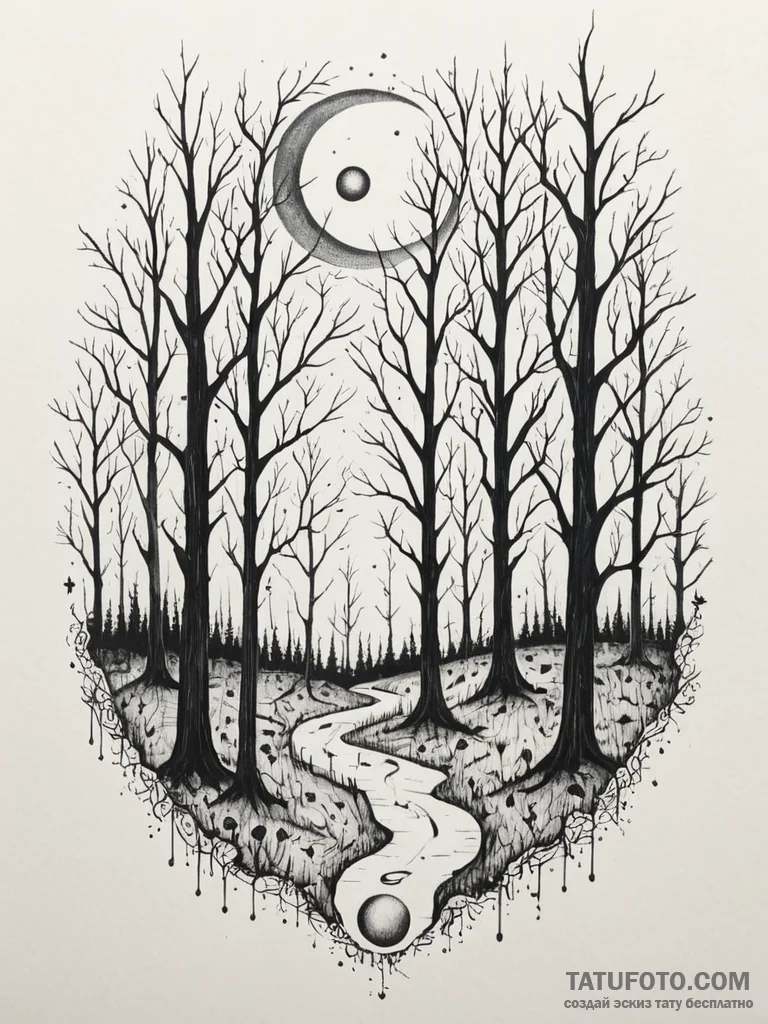Tattoo sketch, moonlit quantum forest, a dark... - эскиз тату (№1752516440_0, 14.07.2025 18:07) — Tatufoto.com