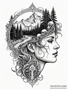 Tattoo sketch, inner world landscape, a cross... - эскиз тату (№1752516781_0, 14.07.2025 18:13) — Tatufoto.com
