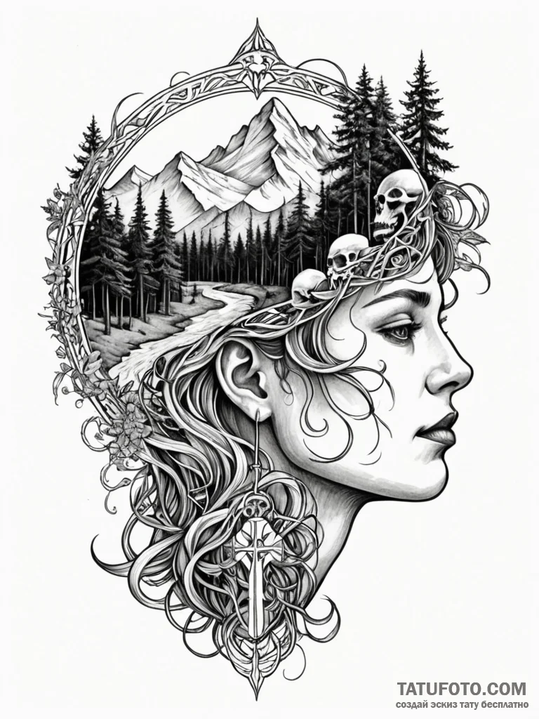 Tattoo sketch, inner world landscape, a cross… — эскиз тату (№1752516781_0, 14.07.2025 18:13) — Tatufoto.com